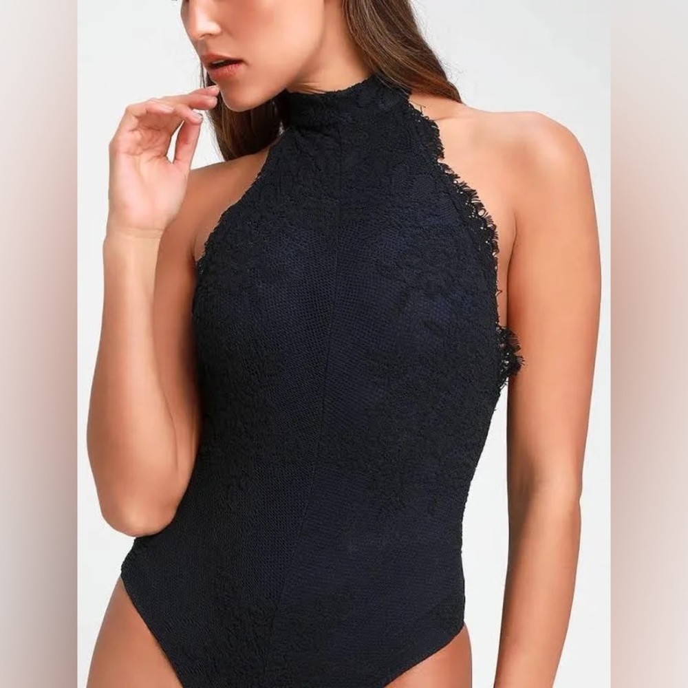 Free People Miley Black & Navy Lace Halter Low Back Bodysuit Size Small